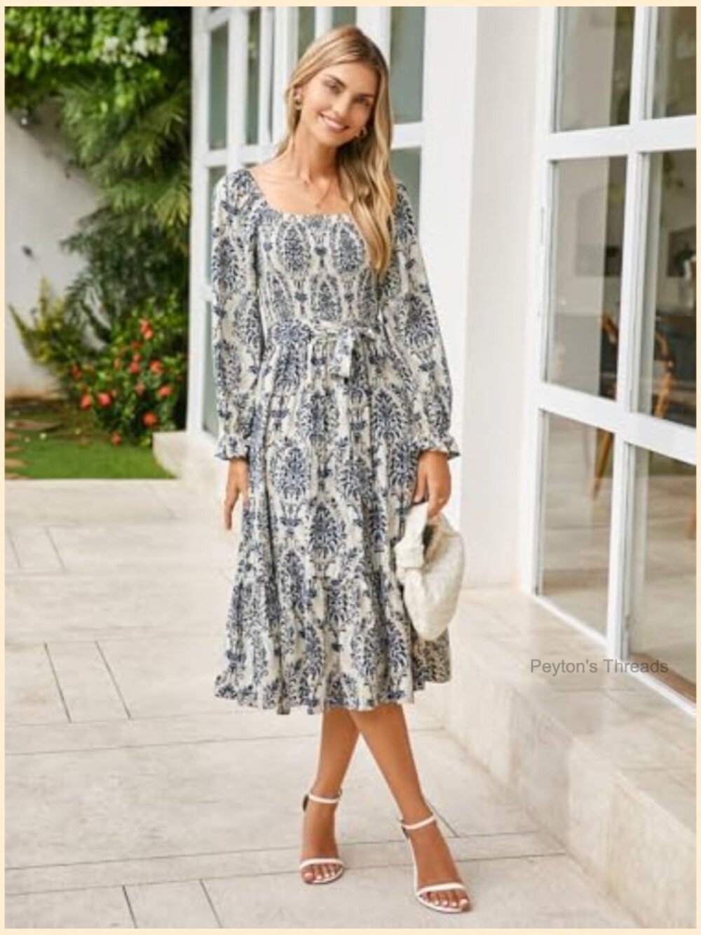 Long Sleeve Maxi Dress Square Neck Smocked Flowy Tiered Wedding Guest - Picture 4 of 7
